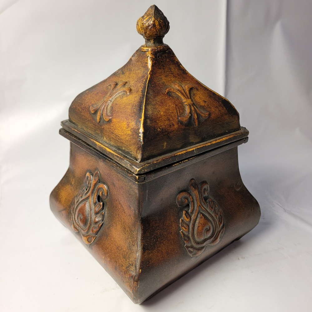 CBK Decorative‎ Lidded Canister Bronze Steel Fleur-de-lis Scrollwork Square Jar
